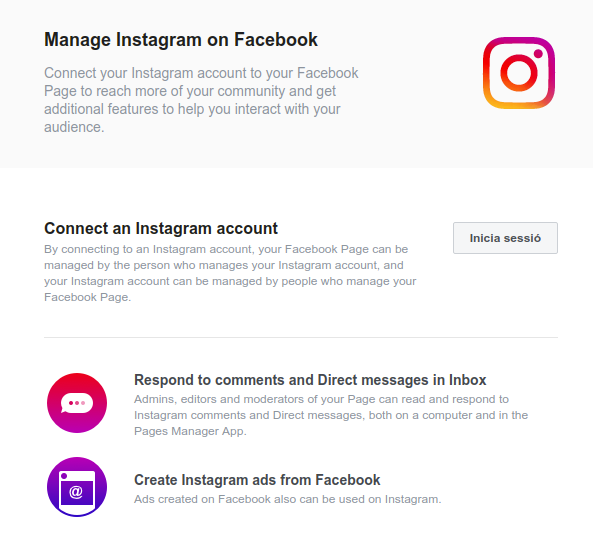 Captura de pantalla sobre com connectar la vostra pàgina de Facebook i el vostre compte de Instagram. 